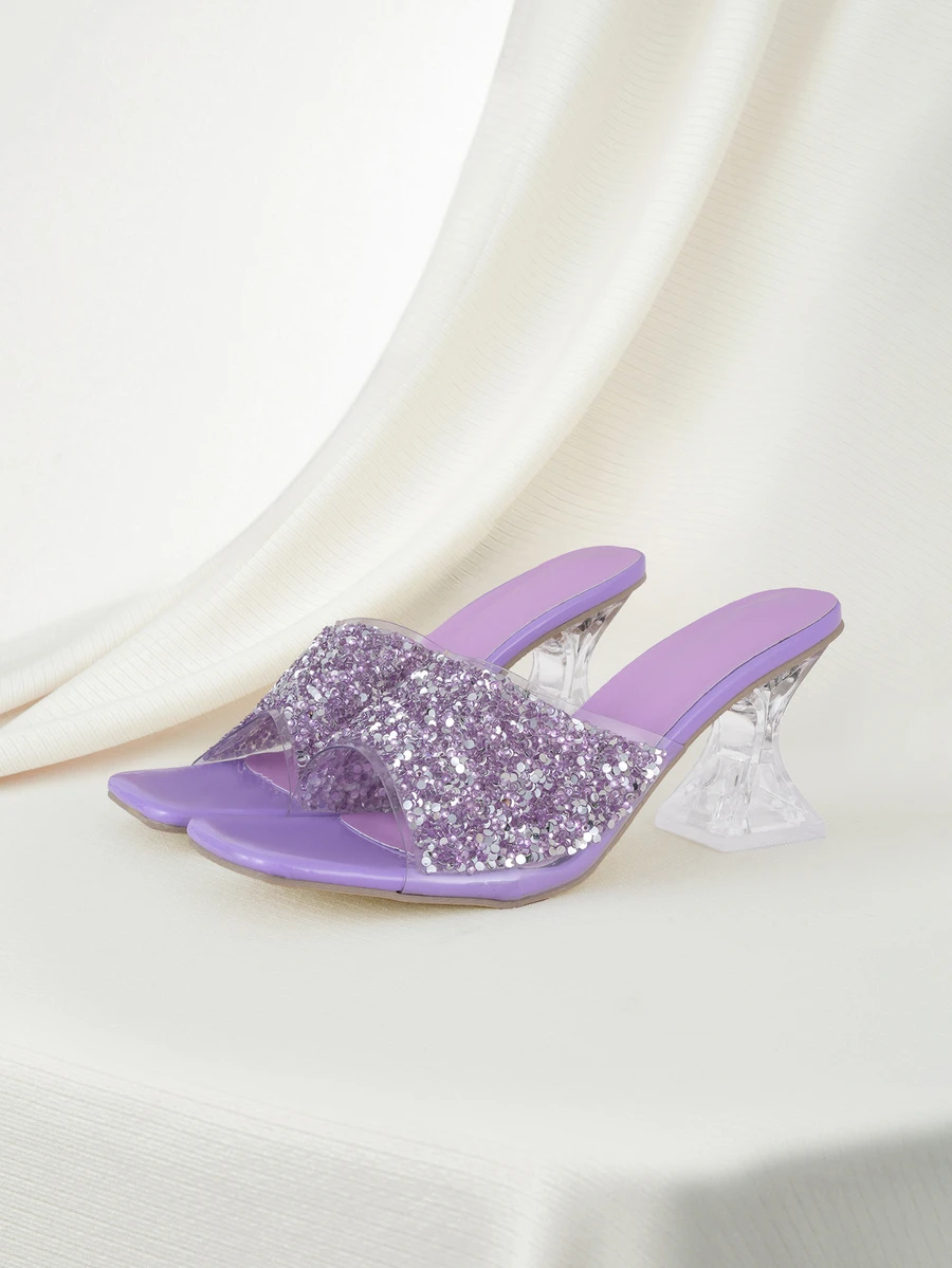 Clariva Chinelo feminino de verão com salto alto, decorado com lantejoulas e cristais roxos, sandálias de salto alto com cristais da moda. - Roxo - Visão 1