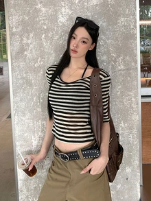 Yorily 對比色透視條紋修身中袖T恤，女款夏季百搭休閒內搭上衣 - 黑杏 - 查看 1