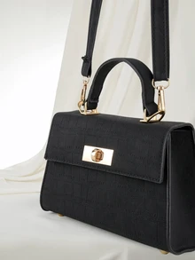 Clariva Fashion Solid Color Pressed Pu Leather Flip Cover Handbag With Metal Lock - Black - View 4