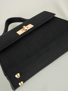 Clariva Fashion Solid Color Pressed Pu Leather Flip Cover Handbag With Metal Lock - Black - View 5