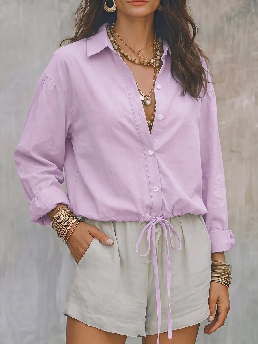 Fall Women Solid Lavender Shirt Collar Blouse Long Sleeve Button Front Drawstring Hem Loose Fit Casual Tops - Mauve Purple - View 1