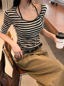對比色透視條紋修身中袖T恤，女款夏季百搭休閒內搭上衣 - 黑杏 - 查看 2