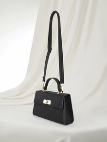 Clariva Fashion Solid Color Pressed Pu Leather Flip Cover Handbag With Metal Lock - Black - View 2