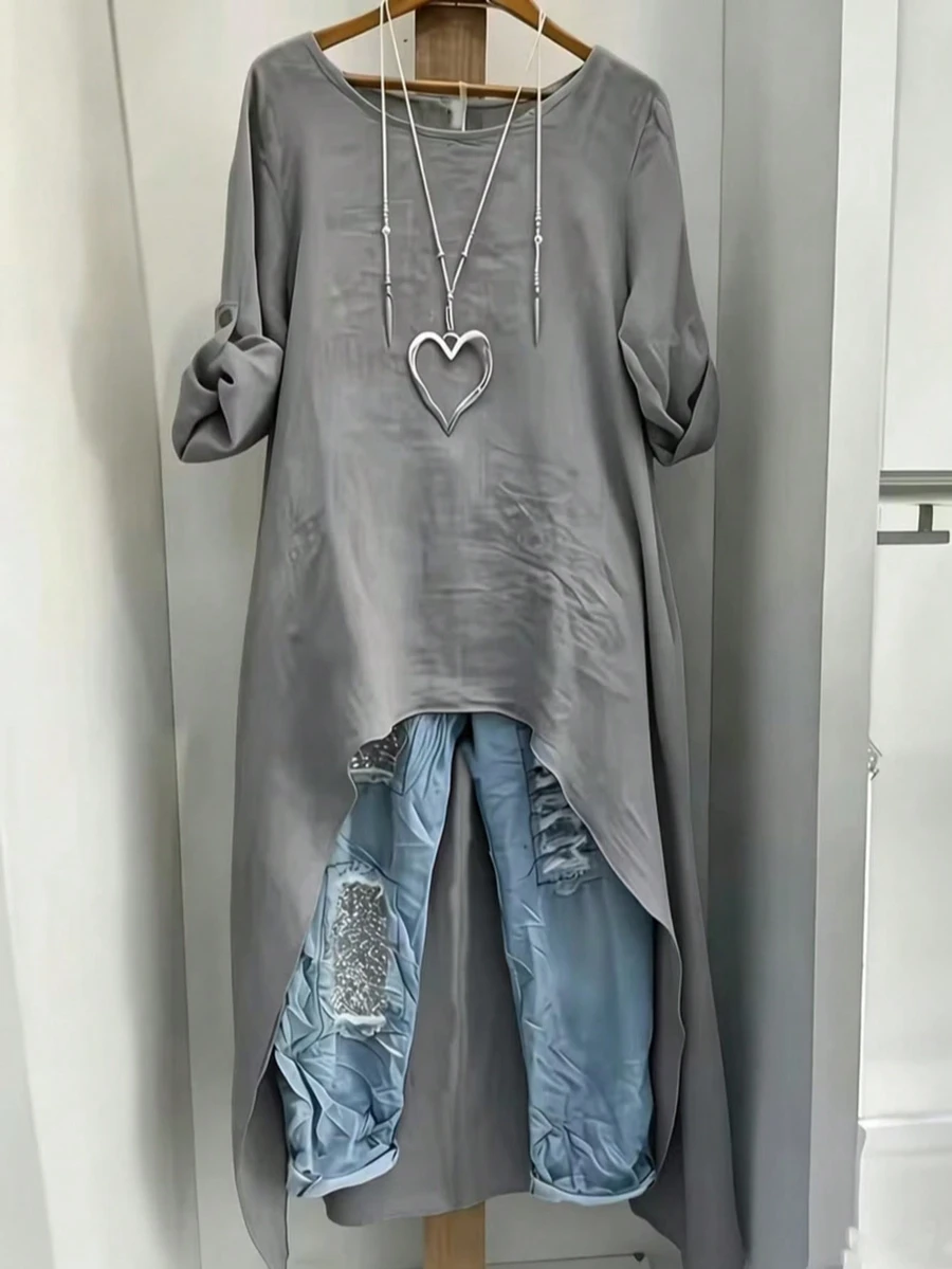 Plus Size Women Solid Color Roll-Up Sleeve Round Neck Asymmetric Hem Long Top - Grey - View 1