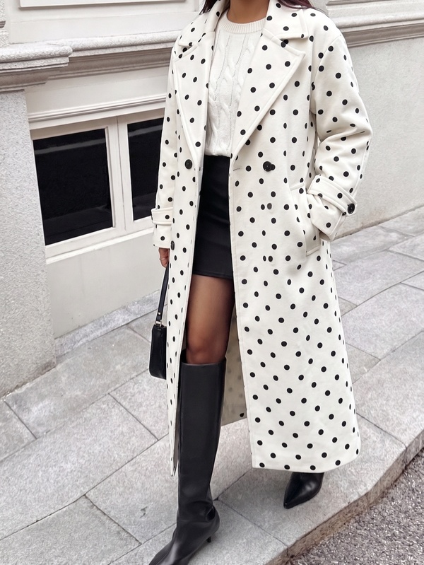 秋冬新款大波點翻領雙排扣長款大衣，寬鬆過膝顯瘦慵懶女款外套
