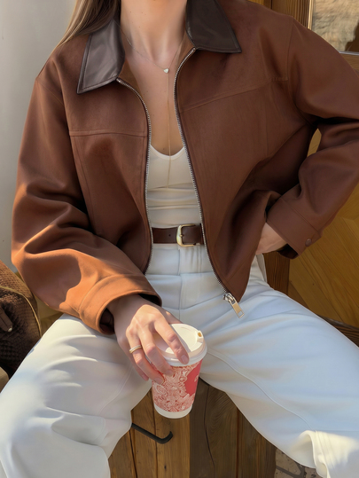 Autumn/Winter Fashion Women's Brown Suede & Leather Patchwork Contrast Collar Short Flight Jacket, Suitable For Daily Wear