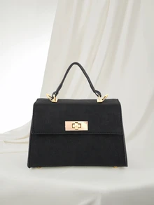 Clariva Fashion Solid Color Pressed Pu Leather Flip Cover Handbag With Metal Lock - Black - View 1