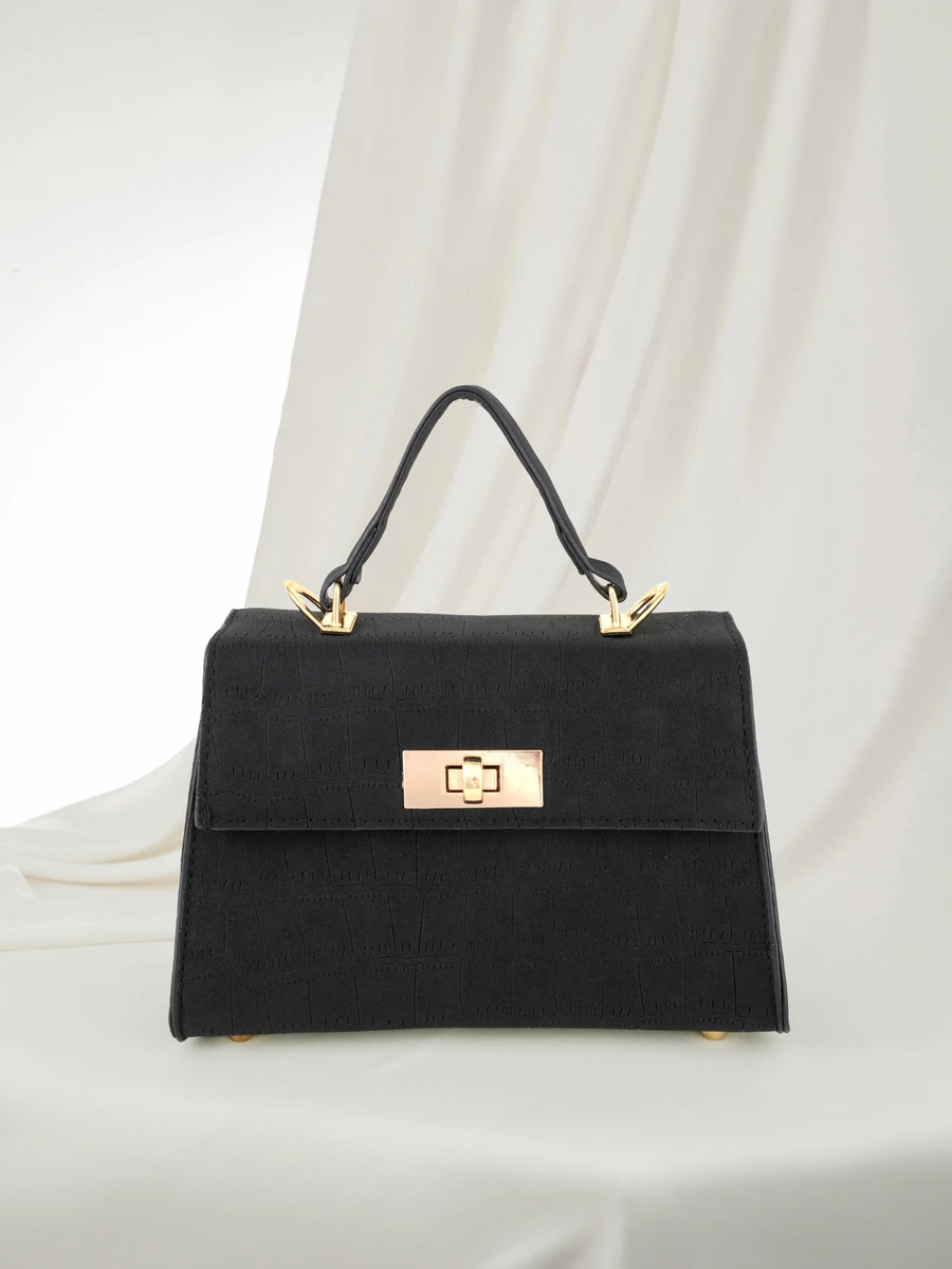 Clariva Fashion Solid Color Pressed Pu Leather Flip Cover Handbag With Metal Lock - Black - View 1