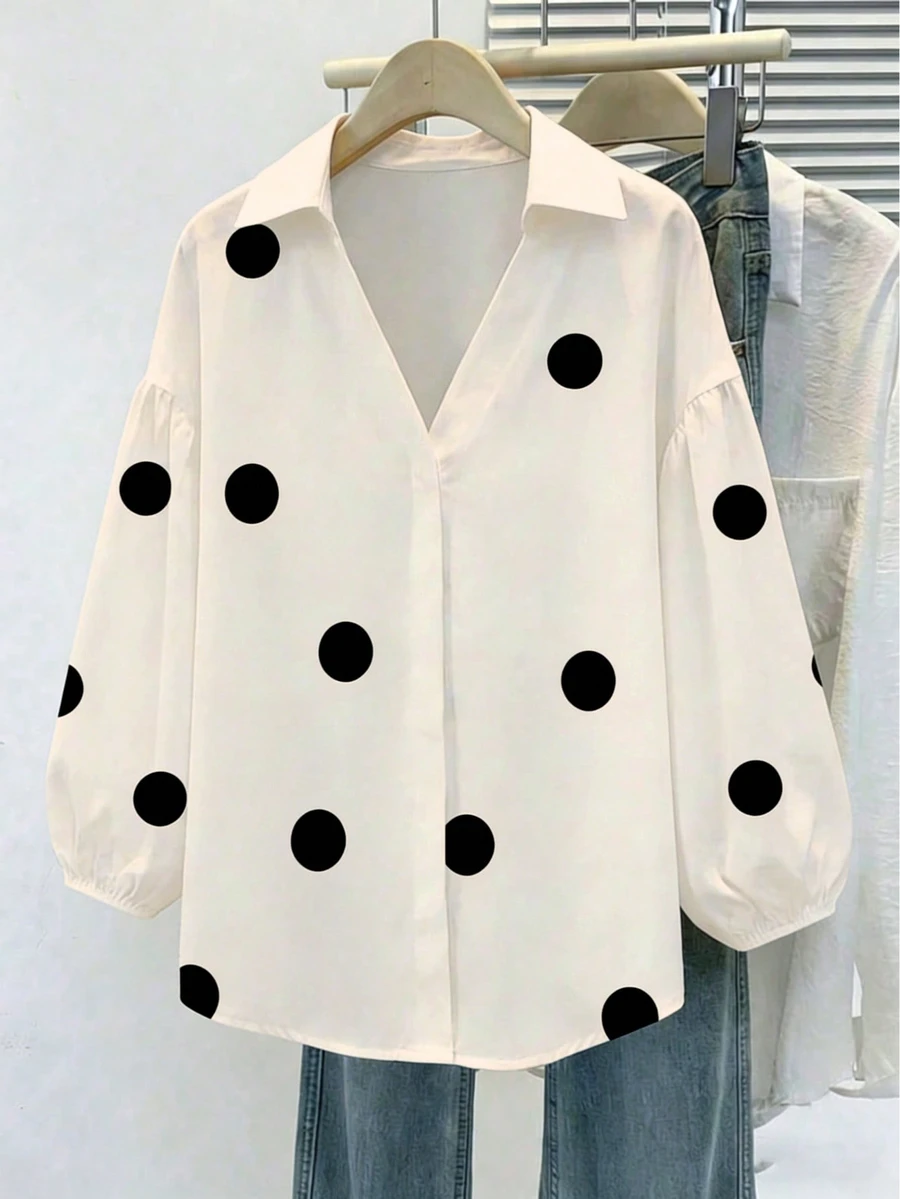 Plus Size Women V-Neck Polka Dot Print Puff Sleeve Blouse Top, Spring Apparel