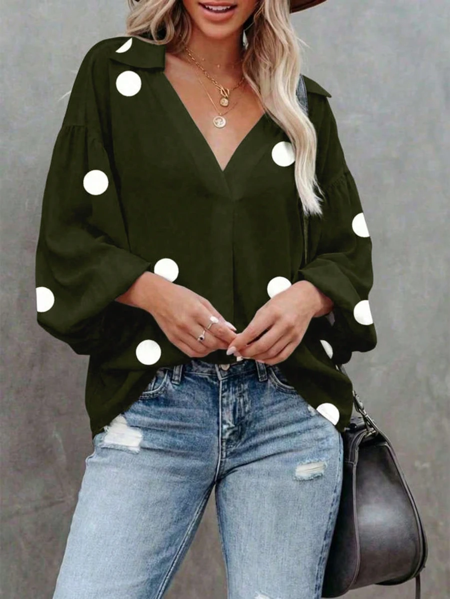 Blusa de mujer talla grande con cuello en V, estampado de lunares y mangas abullonadas, ropa de primavera