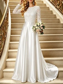 女款蕾絲婚紗長袖高領露背拖地優雅晚禮服 春季白色秋季 - 白色 - 查看 1