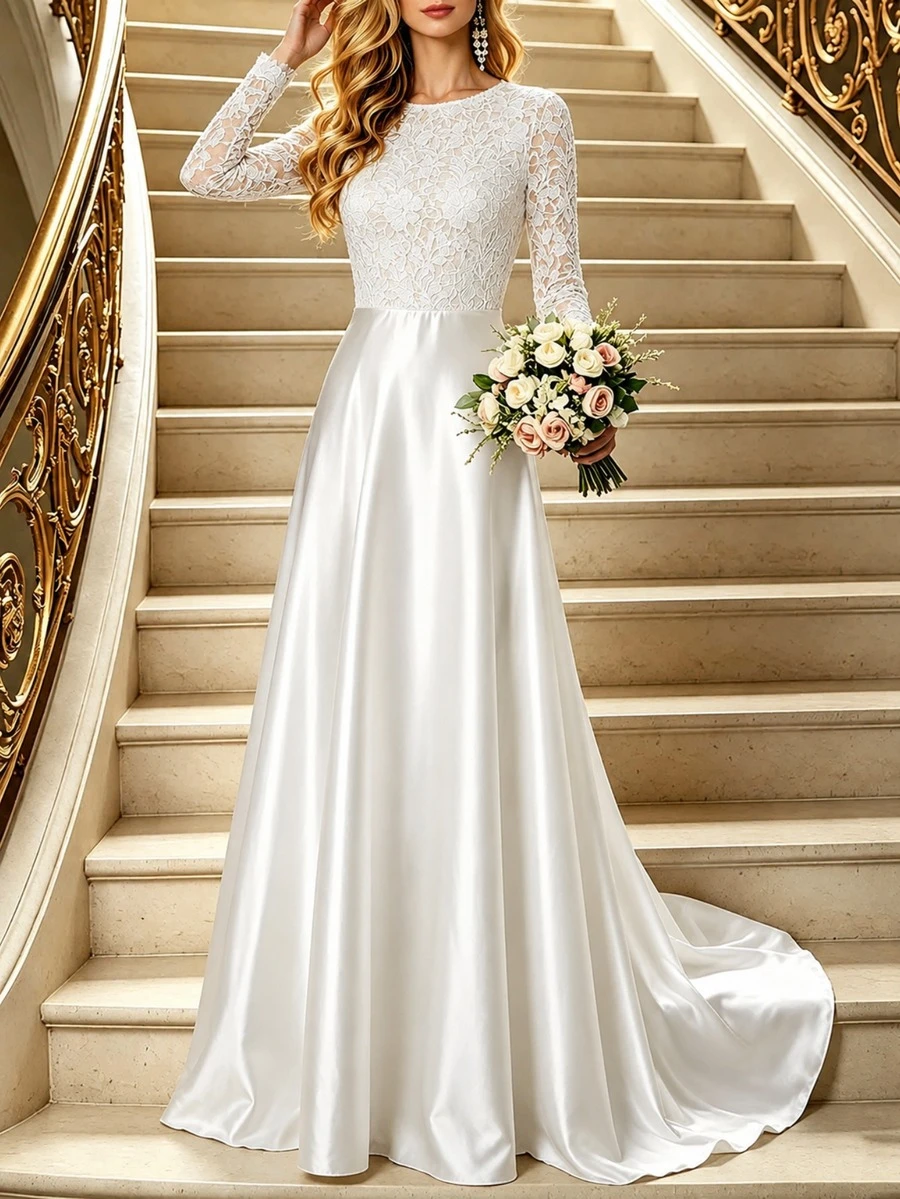女款蕾絲婚紗長袖高領露背拖地優雅晚禮服 春季白色秋季 - 白色 - 查看 1
