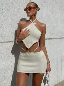 Women's Minimalist Knit Halter Neck Tank Top And Mini Skirt Set, Solid Color Elegant Urban Style Outfit, Suitable For Outings, Travel, Dates, Parties White Summer - White - View 1