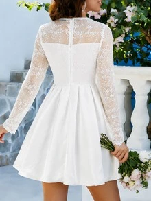 Women's Bride Gift Dress - A-Line Minimalist Embroidered Lace Wedding Gown With 3/4 Sleeves White Spring - White - View 2