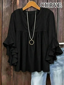 Plus Size Women's Solid Color Ruffle Sleeve V-Neck Blouse Black - Black - View 1