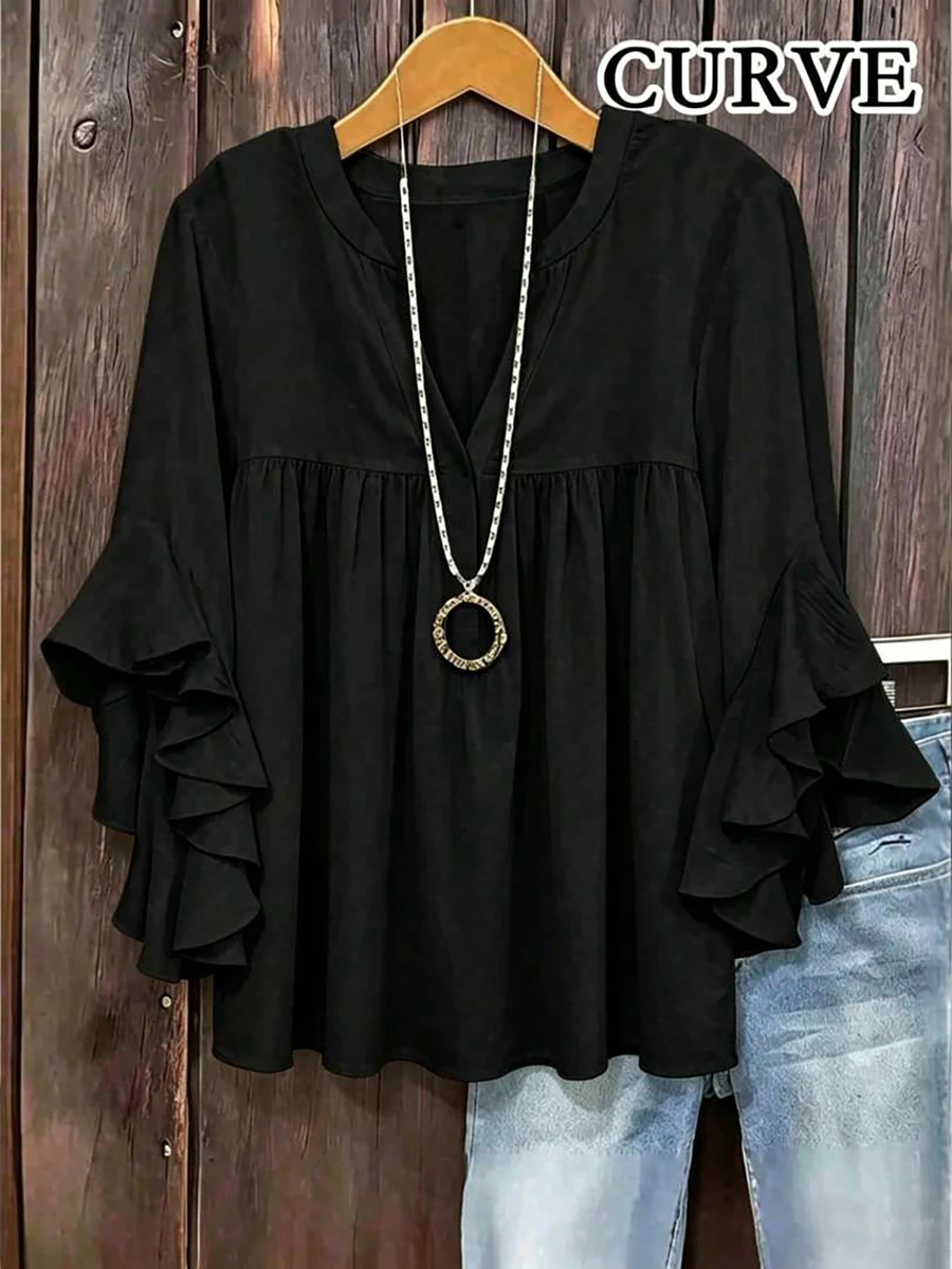 Plus Size Women's Solid Color Ruffle Sleeve V-Neck Blouse Black - Black - View 1