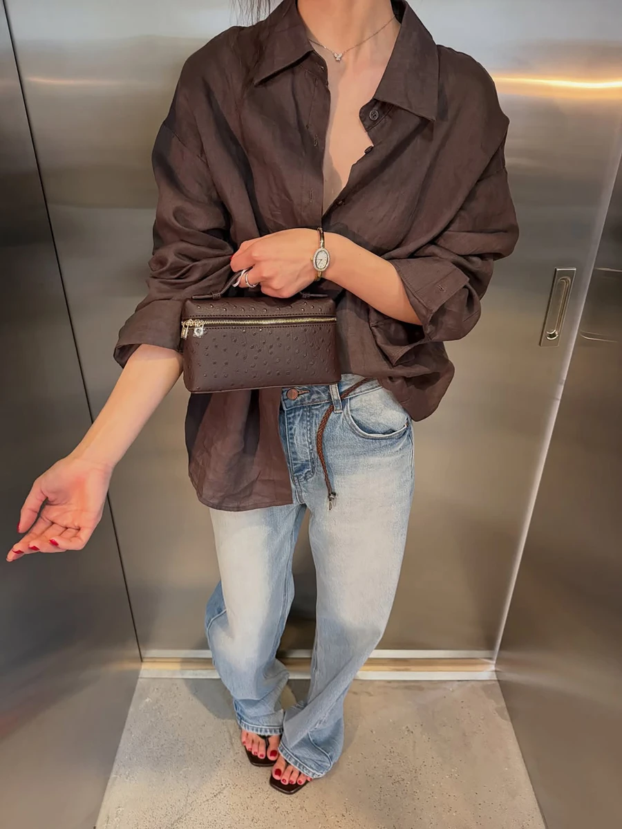 Women's Casual Coffee Brown Loose Oversized Drop Shoulder Long Sleeve Shirt Collar Top, All Seasons - Coffee Brown - View 1