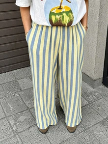 女款夏季優雅休閒黃藍條紋寬腿褲，適合派對、海灘度假、節慶、外出，度假風 - 黃藍色 - 查看 2