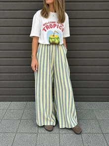 女款夏季優雅休閒黃藍條紋寬腿褲，適合派對、海灘度假、節慶、外出，度假風 - 黃藍色 - 查看 4