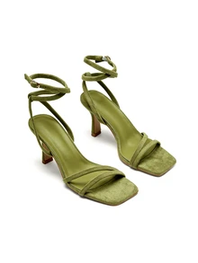 Rylithe Sandali con tacco alto  sintetico a tinta unita da donna, ciabatte con tacco sottile, punta aperta, cinturino alla caviglia e lacci, scarpe con tacco alto verdi - Verde militare - Visualizzare 2