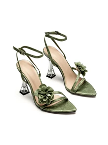 Rylithe Nuevos tacones altos para mujer con tacón de cristal para fiesta nocturna de primavera/verano, ropa de fiesta moderna y versátil para exteriores - verde menta - Ver 2
