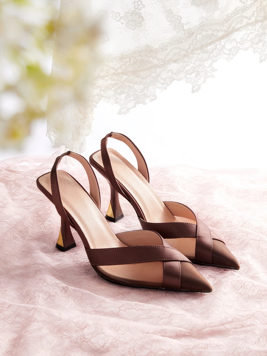 Rylithe Women's Pointed Toe Slip-On High Heel Pumps With Mesh Details, Comfortable And Fashionable Peep Toe Office Shoes - Coffee Brown - View 1
