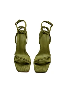 Rylithe Sandali con tacco alto  sintetico a tinta unita da donna, ciabatte con tacco sottile, punta aperta, cinturino alla caviglia e lacci, scarpe con tacco alto verdi - Verde militare - Visualizzare 3