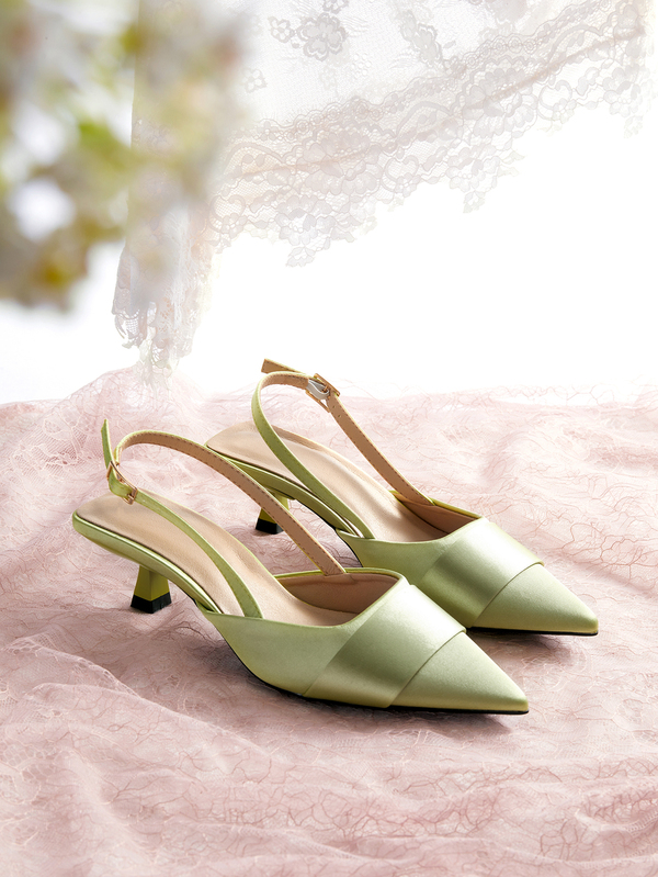 Rylithe Women's Pointed Toe Slingback Green Low Heel Shoes With Buckle Design, Elegant Satin Material, Autumn/Winter,  Kitten Heels