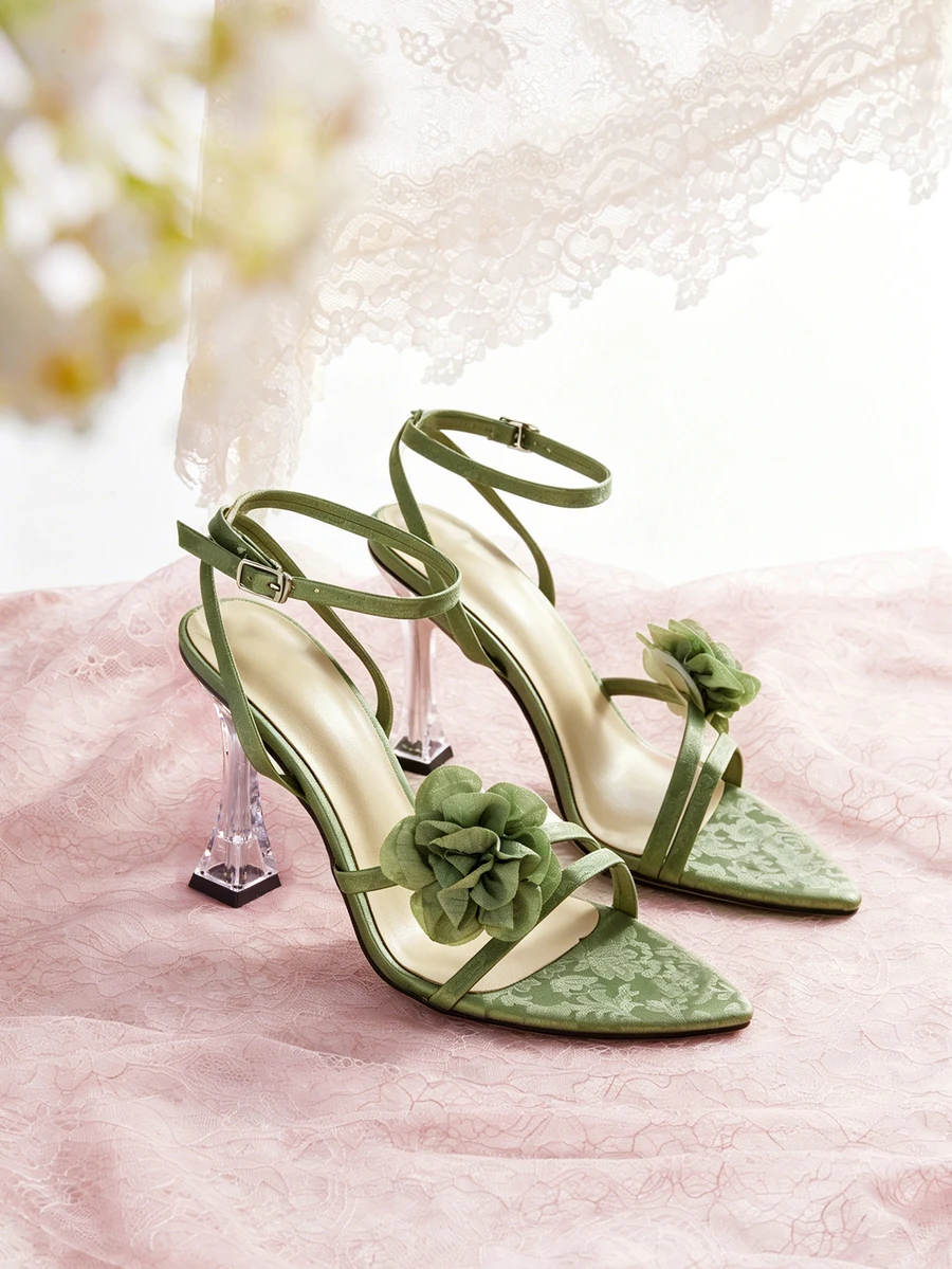 Rylithe Nuevos tacones altos para mujer con tacón de cristal para fiesta nocturna de primavera/verano, ropa de fiesta moderna y versátil para exteriores - verde menta - Ver 1