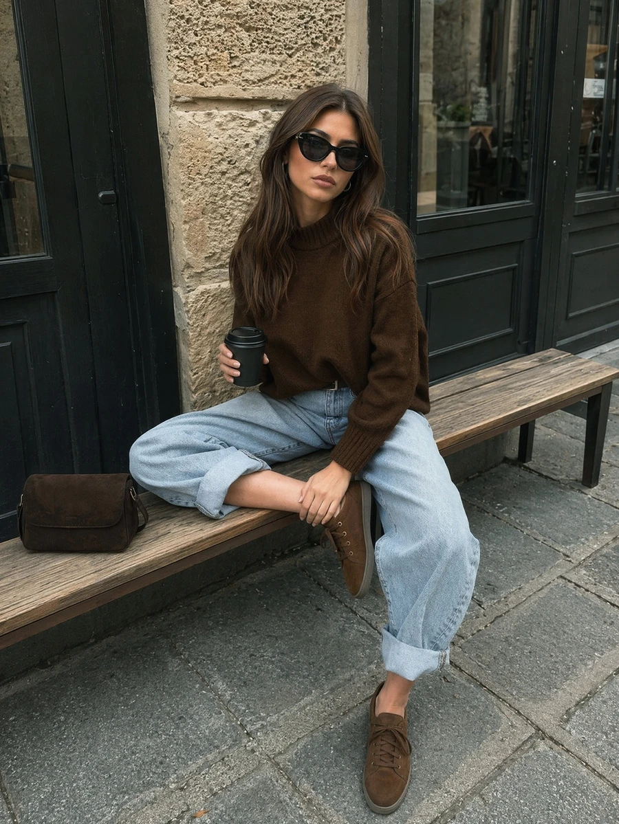 Women's New Minimalist Elegant Vacation Style Cute Mori Girl Romantic Round Neck Pullover Sweater - Olive Coffee - View 1