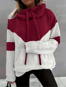 Sudadera de punto con capucha y cordón, diseño de bloques de color, talla grande, manga larga, sudadera tipo pullover con bolsillos, prenda casual y cálida para otoño, invierno y primavera - Rojo - Ver 1