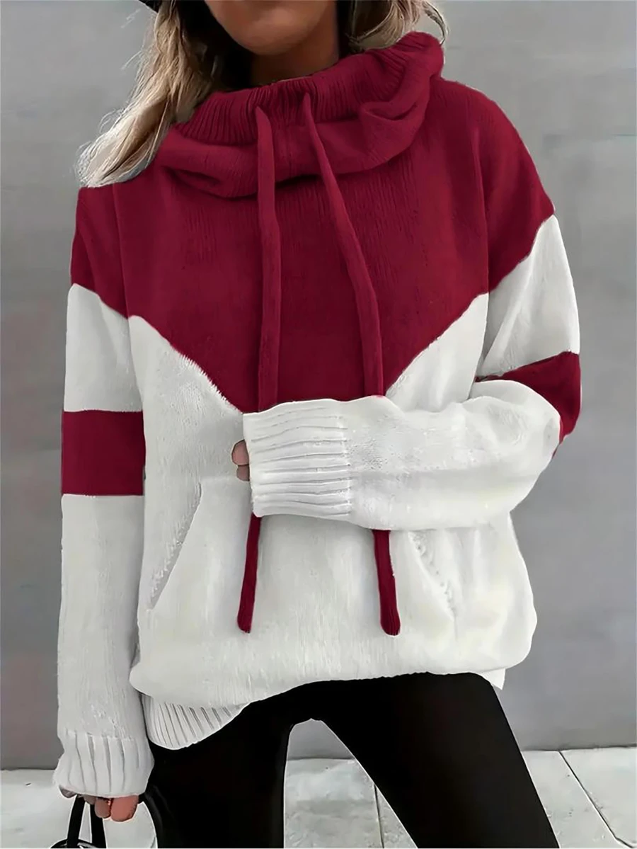 Sudadera de punto con capucha y cordón, diseño de bloques de color, talla grande, manga larga, sudadera tipo pullover con bolsillos, prenda casual y cálida para otoño, invierno y primavera - Rojo - Ver 1