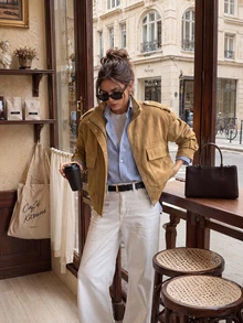 Women Fall Fashion Casual Vintage Camel Suede Stand Collar Long Sleeve Jacket For Office Work Going Out Vacation - Brown Wood - View 1