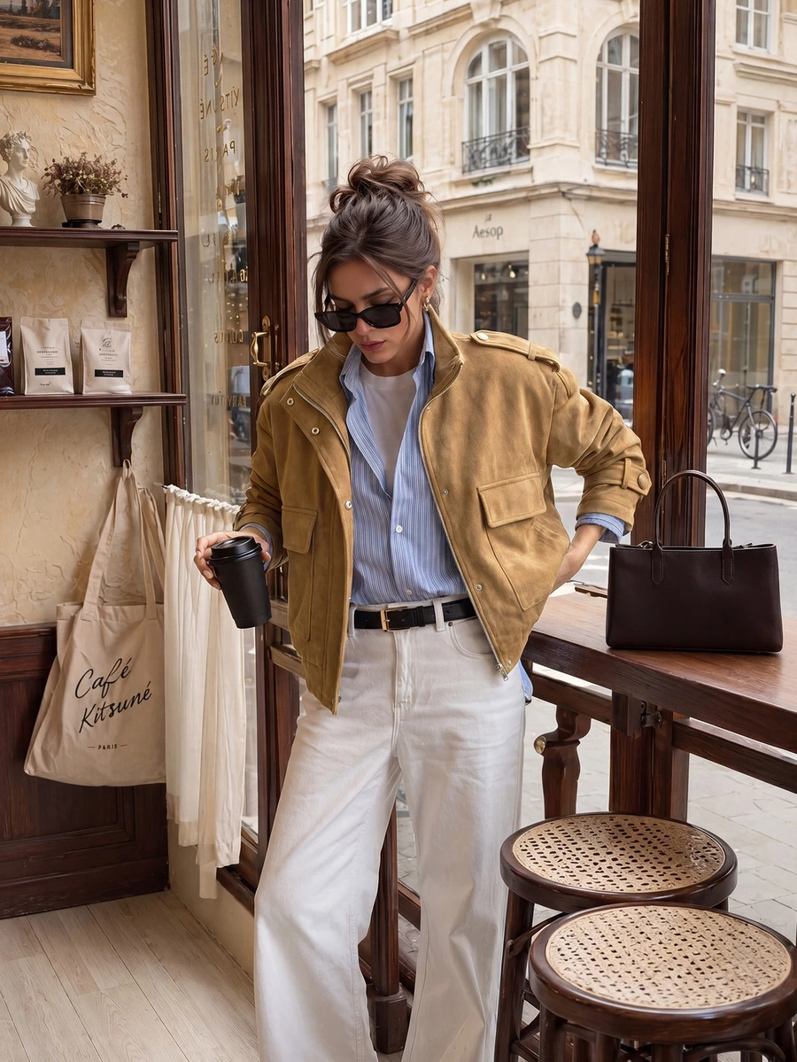 Women Fall Fashion Casual Vintage Camel Suede Stand Collar Long Sleeve Jacket For Office Work Going Out Vacation - Brown Wood - View 1