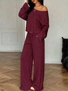 歐美風女款露肩長袖上衣與寬腿拖地長褲性感休閒居家服套裝 - 紅色 - 查看 4