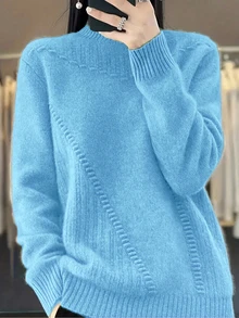 大尺碼素色高領針織毛衣長袖休閒優雅保暖上衣，適合春秋冬季日常穿著與度假 - 藍色 - 查看 1