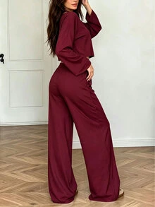 歐美風女款露肩長袖上衣與寬腿拖地長褲性感休閒居家服套裝 - 紅色 - 查看 3
