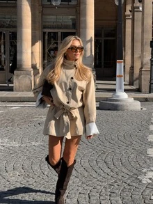 Women's Autumn/Winter Elegant Casual Stand Collar Contrast Color Patchwork Trench Coat - Front Button, Belt, Loose Fit, Side Pockets - Khaki - View 5