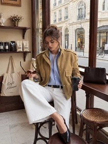Women Fall Fashion Casual Vintage Camel Suede Stand Collar Long Sleeve Jacket For Office Work Going Out Vacation - Brown Wood - View 2