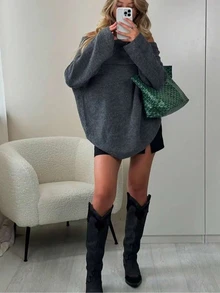 Off Shoulder Oversized Knit Sweater, Fall Winter Casual Long Sleeve Loose Fit Slouchy Pullover Women Daily Basic Knitwear Tops - Dark Grey - View 2