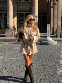 Women's Autumn/Winter Elegant Casual Stand Collar Contrast Color Patchwork Trench Coat - Front Button, Belt, Loose Fit, Side Pockets - Khaki - View 2