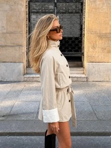 Women's Autumn/Winter Elegant Casual Stand Collar Contrast Color Patchwork Trench Coat - Front Button, Belt, Loose Fit, Side Pockets - Khaki - View 3