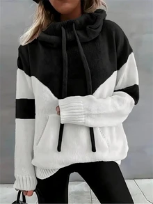 Sudadera de punto con capucha y cordón de color bloque de talla grande, sudadera de manga larga con bolsillos, top casual y cálido para otoño, invierno y primavera - Negro - Ver 1