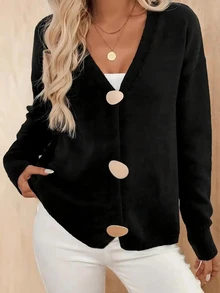 Cardigan Rajut Kasual Lengan Panjang Model Bahu Longgar Warna Polos untuk Wanita Ukuran Plus, Sweater Kancing Berbentuk Kerikil untuk Musim Gugur/Dingin - Hitam - View 1