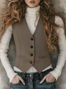 Women's Brown Herringbone Tweed Sleeveless V-Neck Vest Top, Versatile For Autumn/Winter, Suitable For Daily Wear - Brown - View 1