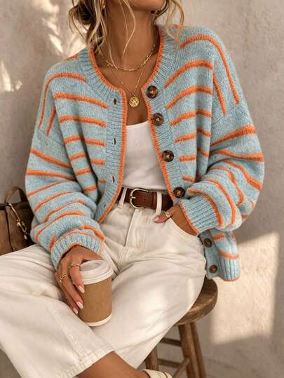 Women's Round Neck Single-Breasted Contrast Stripe Lantern Sleeve Knit Cardigan, Loose Casual Fashion Versatile For Autumn/Winter, Retro Street Commute Style