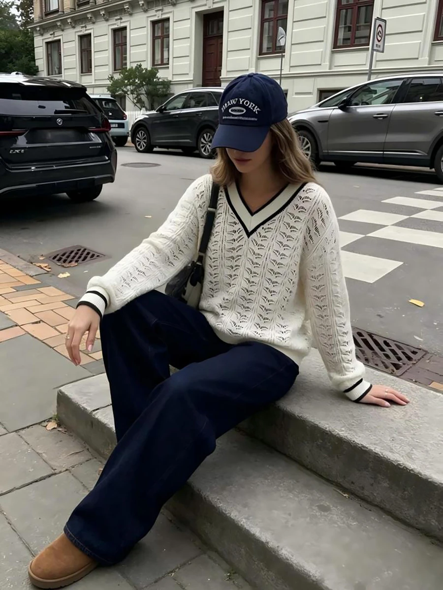 女款V領對比飾邊鏤空鉤編針織毛衣，長袖優雅休閒套頭衫，適合夏季秋季日常街頭度假穿著 - 白色 - 查看 1