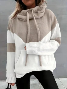 Sudadera de punto con capucha y cordón de color bloque, talla grande, manga larga, sudadera tipo pullover con bolsillos, prenda casual y cálida para otoño, invierno y primavera - Caqui - Ver 1