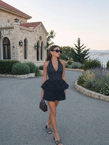 Buzzelle Summer Elegant Casual Blue Polka Dot Ruffle Halter Top & Shorts 2-Piece Set For Party Beach Vacation Festival Boho Chic - Navy Blue - View 3