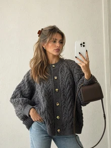 MORI Fall Winter Y2K Elegant Dark Grey Cable Knit Chunky Oversized Round Neck Button Down Cardigan Sweater Tops Women Outfits - Grey - View 1
